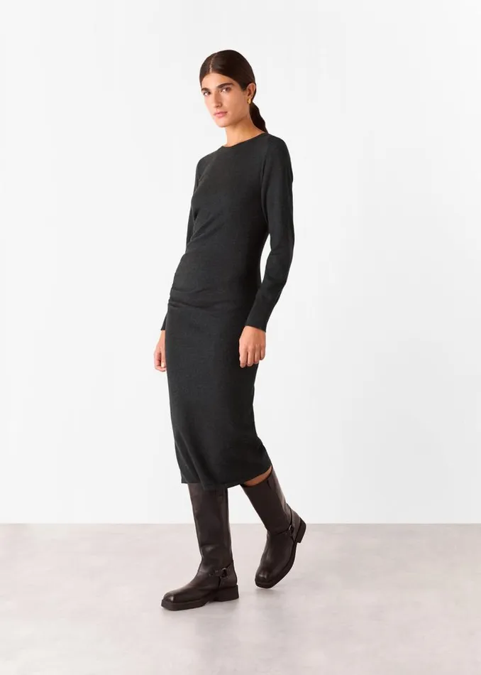 Whistles Sweaters and Cashmere Dark Grey Gathered Side Midi Knit Dress 8211 Women