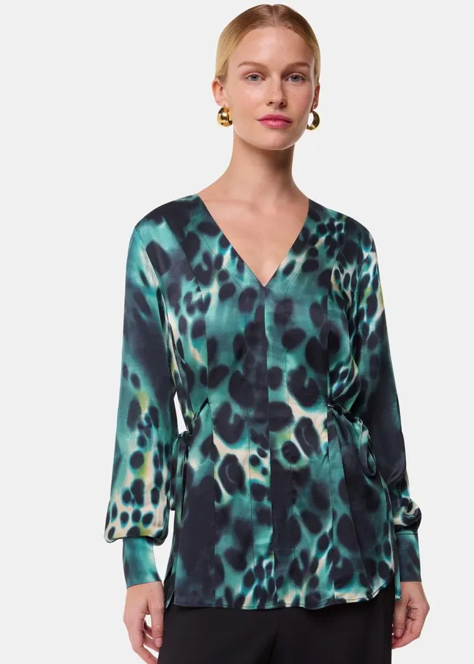 Whistles Tops Green Misty Leopard V Neck Blouse 8211 Women