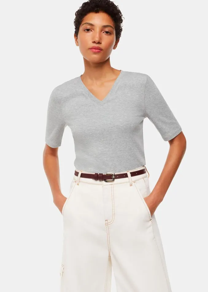 Whistles Tops Grey Marl V Neck Ribbed TShirt 8211 Women
