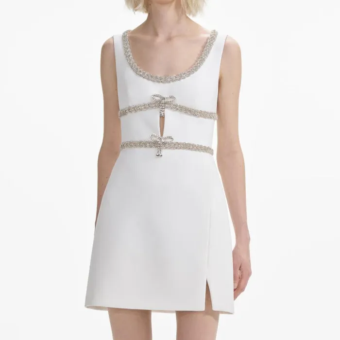 White Diamante Bow Trim Mini Dress Women Self Portrait Dresses White Diamante Bow Trim Mini Dress Women Self Portrait Dresses