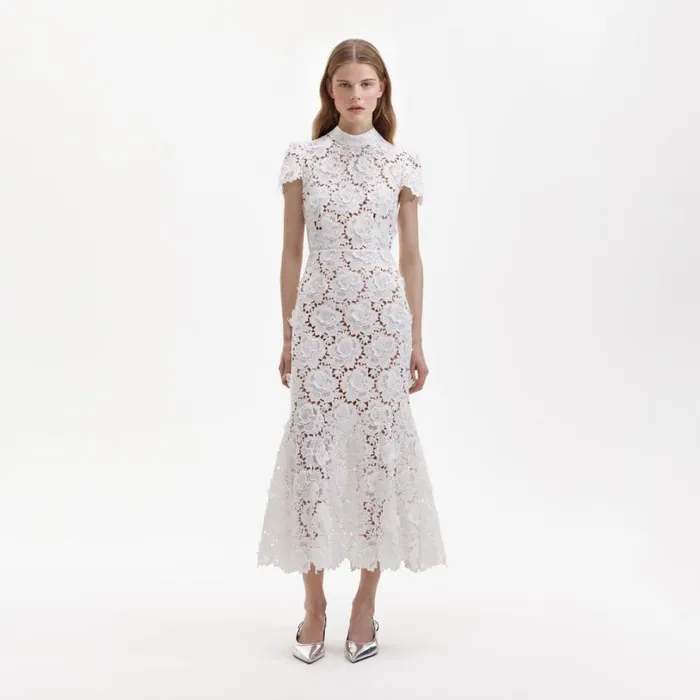 White Flower Lace Midi Dress Women Self Portrait Dresses