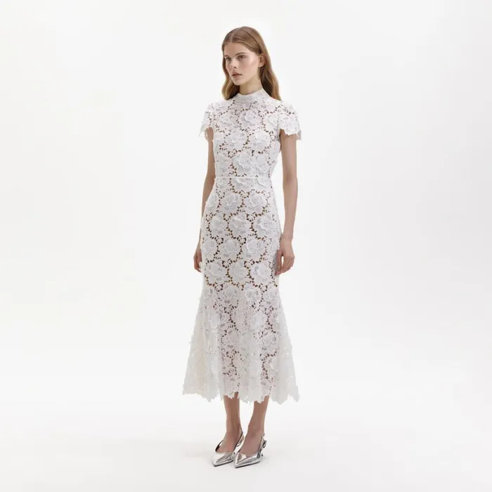 White Flower Lace Midi Dress Women Self Portrait Dresses White Flower Lace Midi Dress Women Self Portrait Dresses