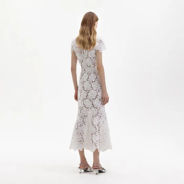 White Flower Lace Midi Dress Women Self Portrait Dresses White Flower Lace Midi Dress Women Self Portrait Dresses
