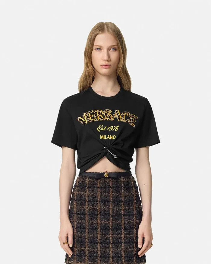 Wild Stamp Safety Pin Crop TShirt Blackprint Women Versace TShirts and Sweatshirts