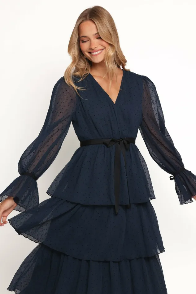 Winter Dresses Petal and Pup Women Antoinette Long Sleeve Tiered Maxi Dress Navy