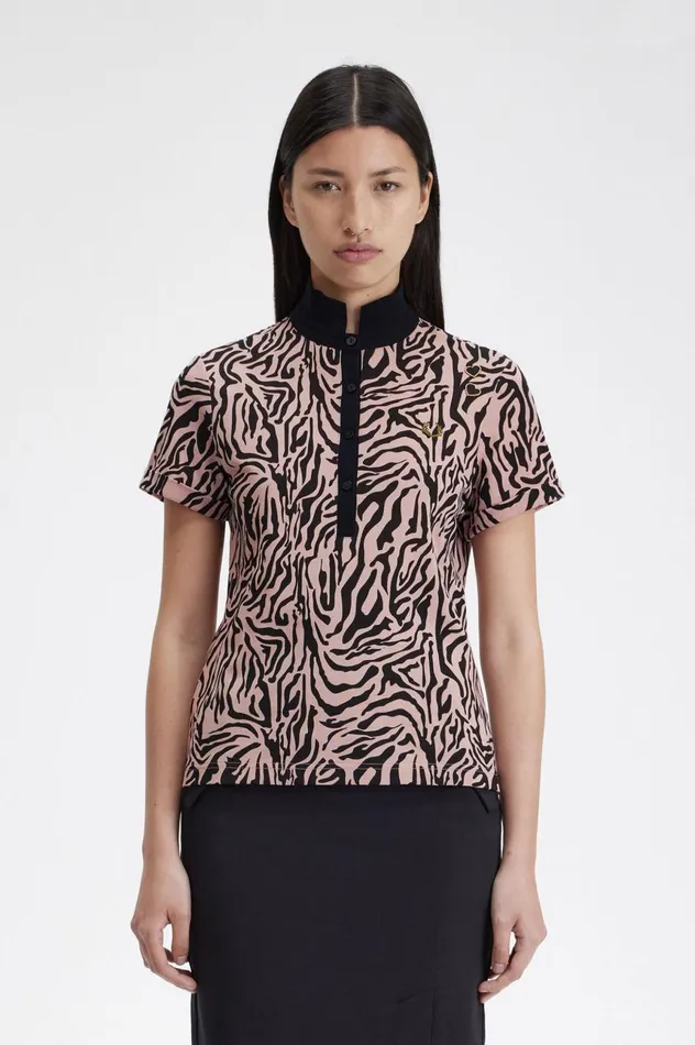 Women Amy Winehouse FoundationZebra Print Polo Shirt Dusty Rose Pink Fred Perry Polo Shirts