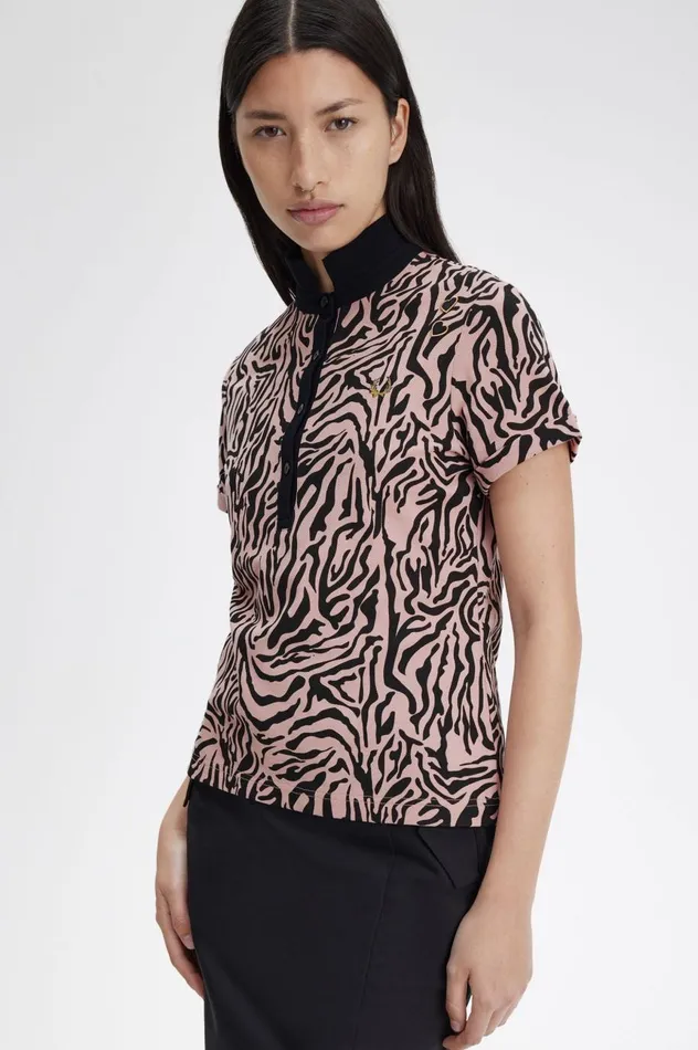 Women Amy Winehouse FoundationZebra Print Polo Shirt Dusty Rose Pink Fred Perry Polo Shirts