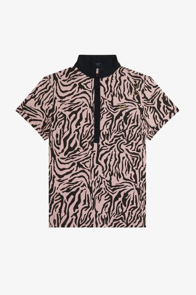 Women Amy Winehouse FoundationZebra Print Polo Shirt Dusty Rose Pink Fred Perry Polo Shirts