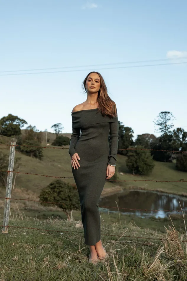 Women Archie Off The Shoulder Midi Dress Olive Off The Shoulder Dresses Petal and Pup