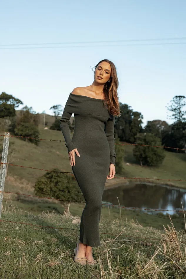 Women Archie Off The Shoulder Midi Dress Olive Off The Shoulder Dresses Petal and Pup