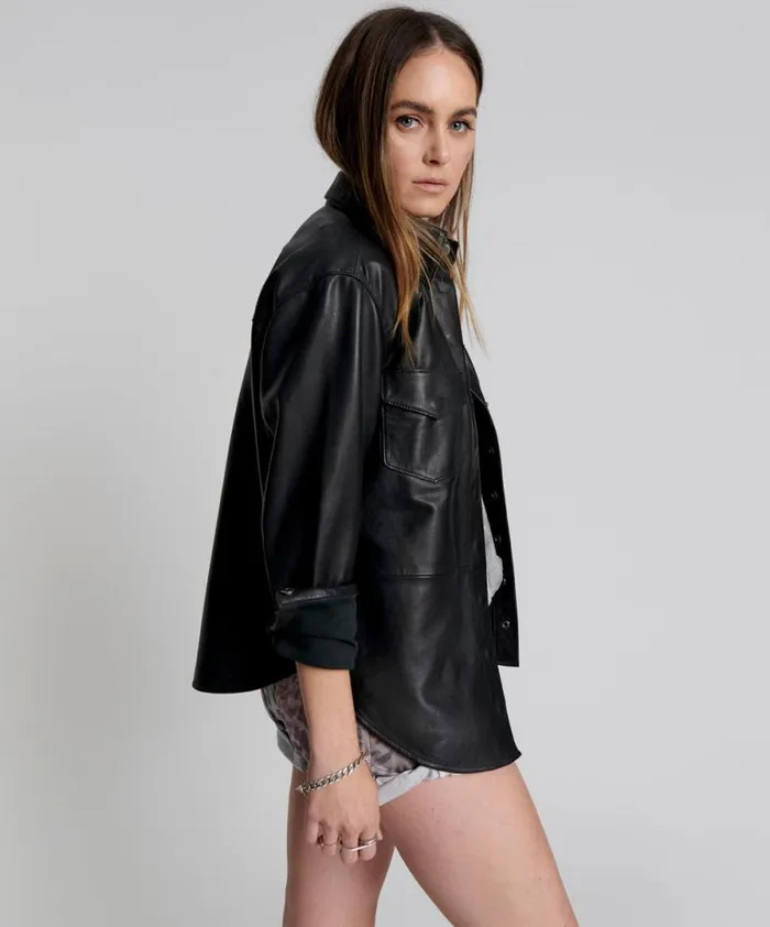 Women ARIA LEATHER OVERSIZED SHACKET BLACK One Teaspoon Shirts