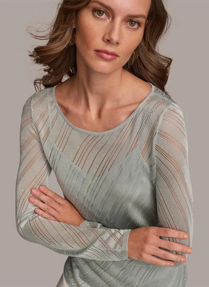 Women ASYMMETRICAL HEM DIAGONAL SHIMMER Blue Frost Donna Karan New York Sweaters And Tops