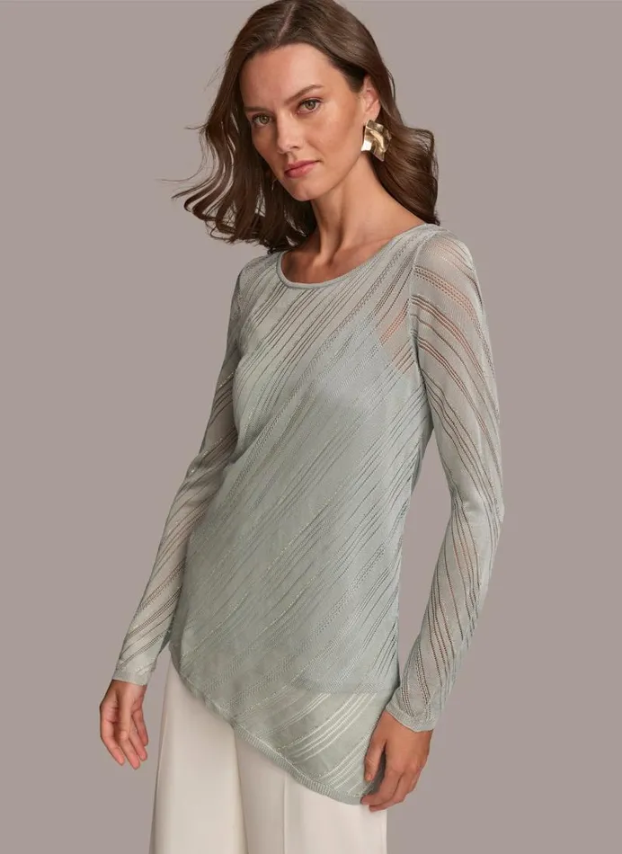 Women ASYMMETRICAL HEM DIAGONAL SHIMMER Blue Frost Donna Karan New York Sweaters And Tops
