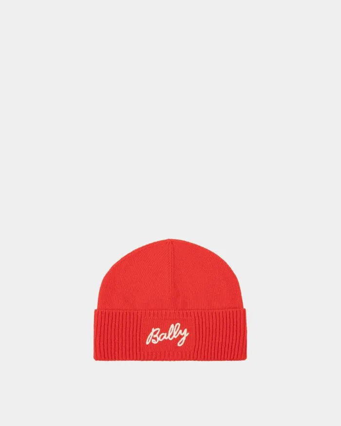 Women Bally Gloves and Hats Beanie With Logo In Candy Red Wool Red