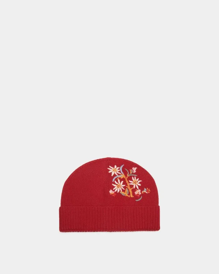 Women Bally Gloves and Hats Winter Capsule Beanie With Alpine Flowers In Red Wool Red Women Bally Gloves and Hats Winter Capsule Beanie With Alpine Flowers In Red Wool Red
