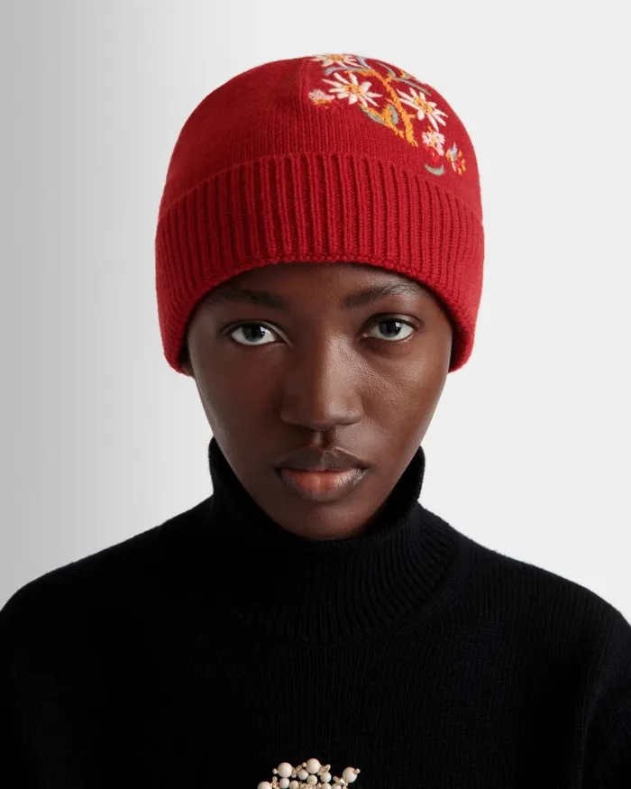 Women Bally Gloves and Hats Winter Capsule Beanie With Alpine Flowers In Red Wool Red