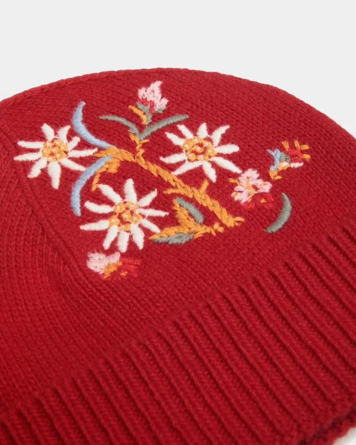 Women Bally Gloves and Hats Winter Capsule Beanie With Alpine Flowers In Red Wool Red