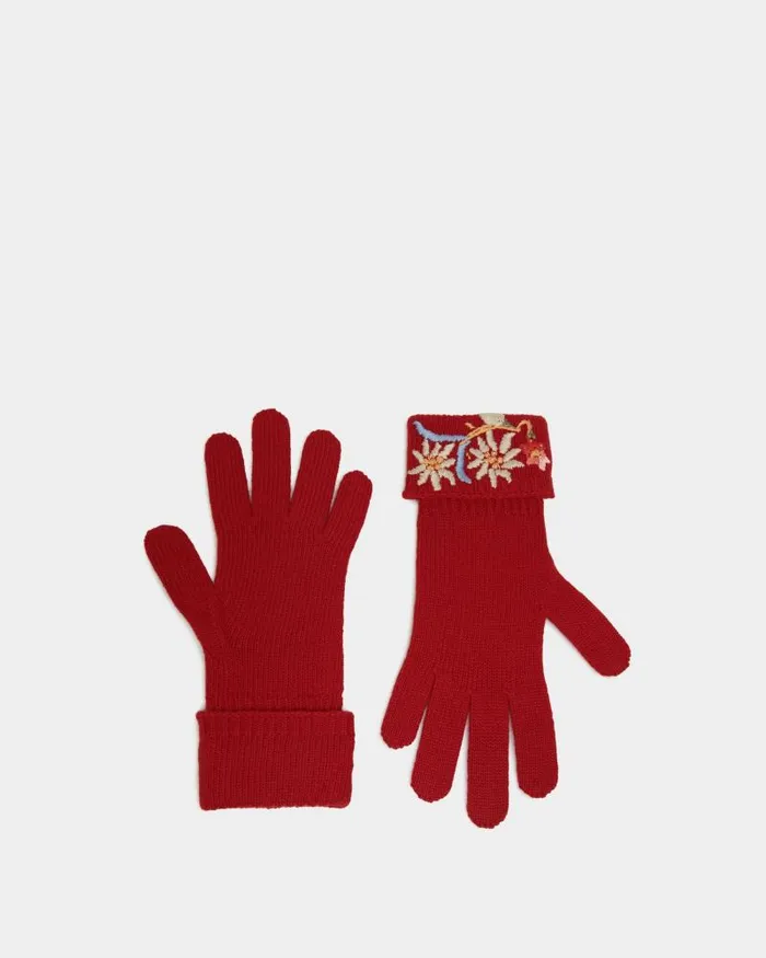 Women Bally Gloves and Hats Winter Capsule Gloves With Alpine Flowers In Red Wool Red Women Bally Gloves and Hats Winter Capsule Gloves With Alpine Flowers In Red Wool Red