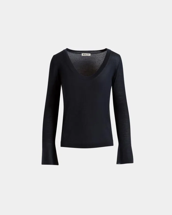 Women Bally Knitwear VNeck Knit Top In Navy Blue Cashmere Blue