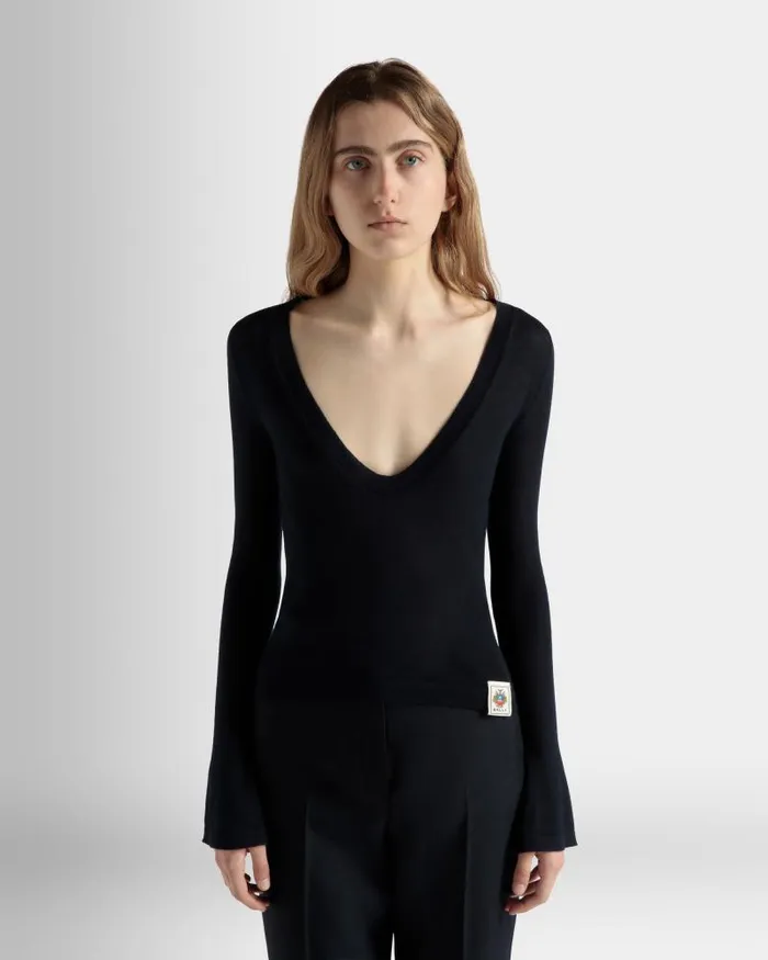 Women Bally Knitwear VNeck Knit Top In Navy Blue Cashmere Blue