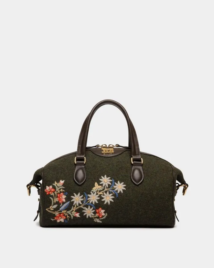 Women Bally Top Handle Bags Winter Capsule Top Handle Bag In Dark Green And Ebano Wool And Leather With Alpine Flowers Green
