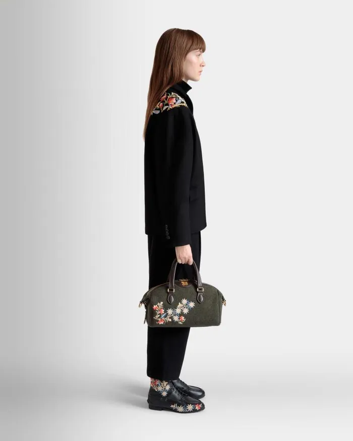 Women Bally Top Handle Bags Winter Capsule Top Handle Bag In Dark Green And Ebano Wool And Leather With Alpine Flowers Green Women Bally Top Handle Bags Winter Capsule Top Handle Bag In Dark Green And Ebano Wool And Leather With Alpine Flowers Green