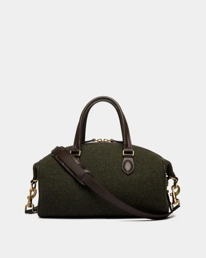 Women Bally Top Handle Bags Winter Capsule Top Handle Bag In Dark Green And Ebano Wool And Leather With Alpine Flowers Green Women Bally Top Handle Bags Winter Capsule Top Handle Bag In Dark Green And Ebano Wool And Leather With Alpine Flowers Green