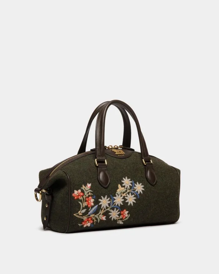 Women Bally Top Handle Bags Winter Capsule Top Handle Bag In Dark Green And Ebano Wool And Leather With Alpine Flowers Green Women Bally Top Handle Bags Winter Capsule Top Handle Bag In Dark Green And Ebano Wool And Leather With Alpine Flowers Green
