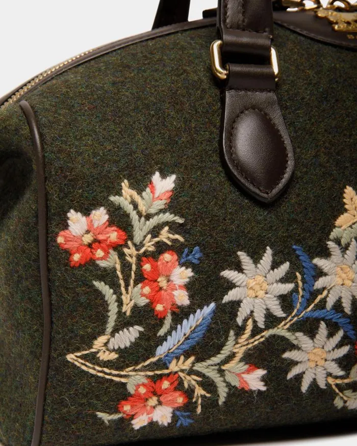 Women Bally Top Handle Bags Winter Capsule Top Handle Bag In Dark Green And Ebano Wool And Leather With Alpine Flowers Green Women Bally Top Handle Bags Winter Capsule Top Handle Bag In Dark Green And Ebano Wool And Leather With Alpine Flowers Green