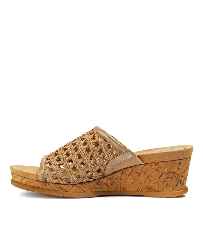 Women Baretraps Slides and Slip On Sandals Flossey Wedge Slide Sandal Soft Gold