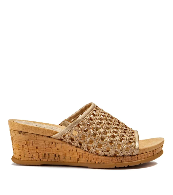 Women Baretraps Slides and Slip On Sandals Flossey Wedge Slide Sandal Soft Gold