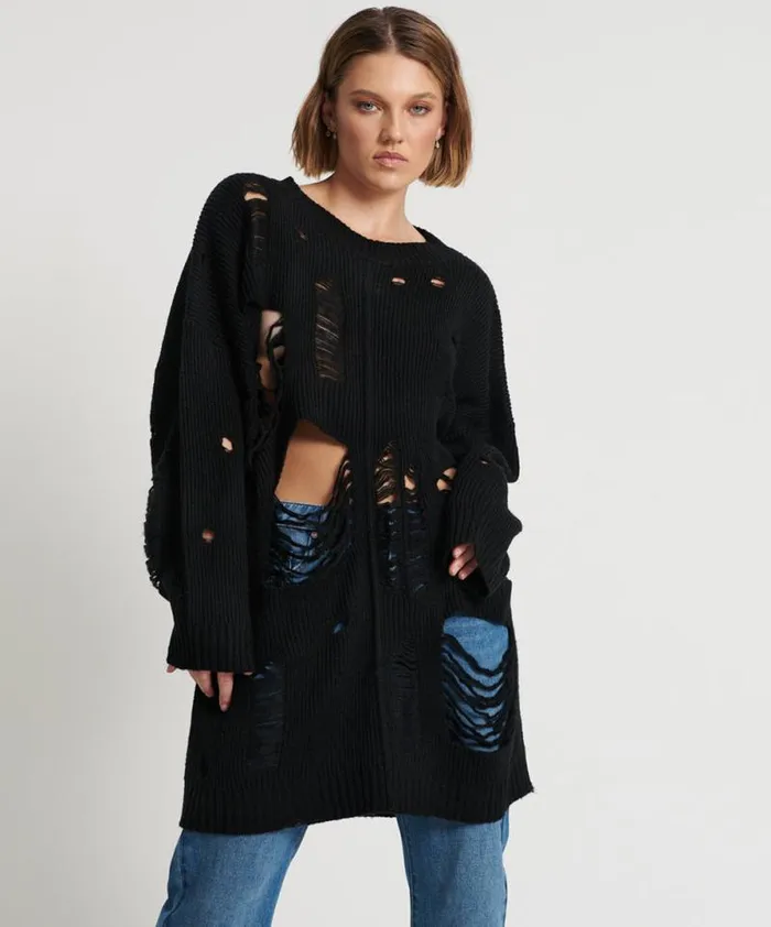 Women BLACK HERCULES SHREDDED SWEATER One Teaspoon Knitwear
