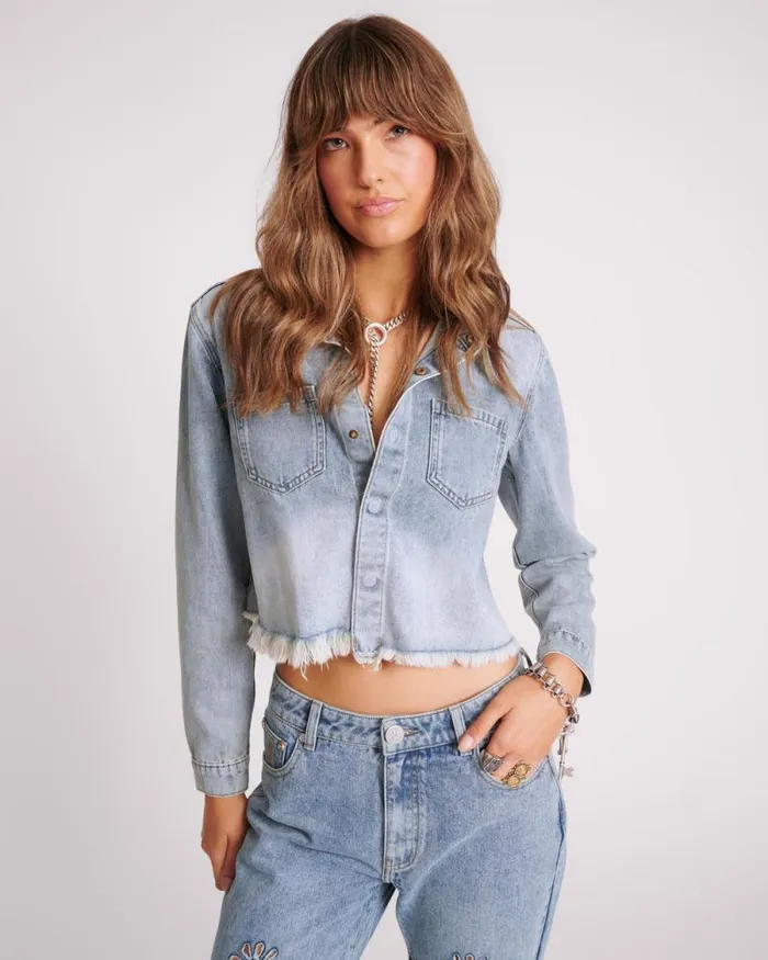 Women BLUE BLOSSOM LONG SLEEVE DENIM BRAXTON TOP One Teaspoon Denim Tops