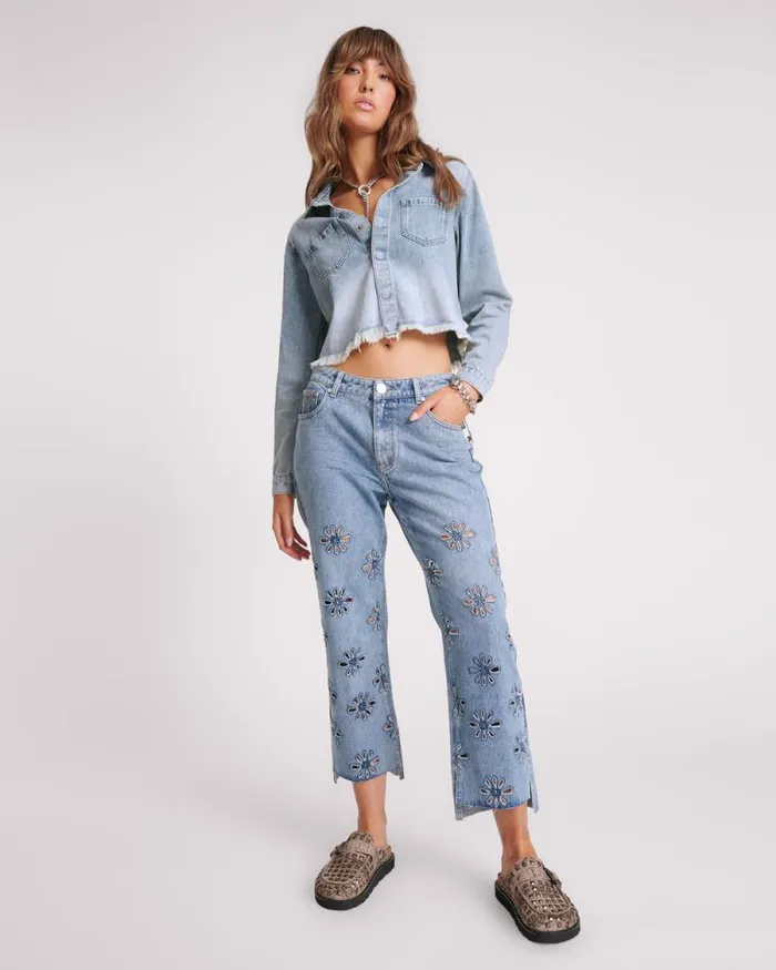 Women BLUE BLOSSOM LONG SLEEVE DENIM BRAXTON TOP One Teaspoon Denim Tops Women BLUE BLOSSOM LONG SLEEVE DENIM BRAXTON TOP One Teaspoon Denim Tops