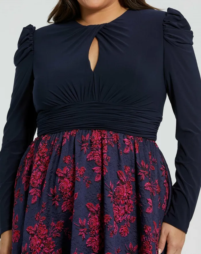 Women Blue Long Sleeve Keyhole Knot Neck Floral Bottom Gown Midnight Plus Size Dresses Mac Duggal