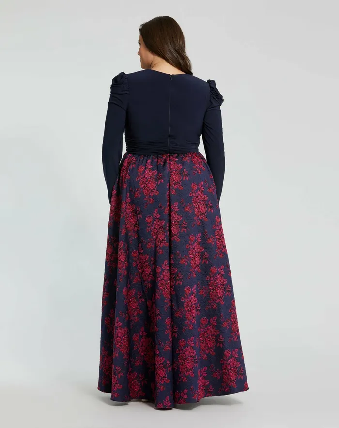 Women Blue Long Sleeve Keyhole Knot Neck Floral Bottom Gown Midnight Plus Size Dresses Mac Duggal