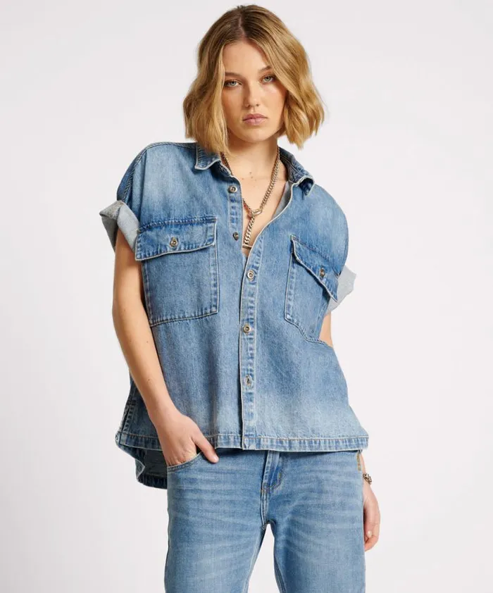 Women BLUE RAPTURE CUT OFF DENIM SHIRT One Teaspoon Denim Shirts