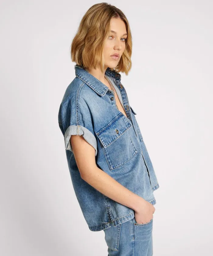 Women BLUE RAPTURE CUT OFF DENIM SHIRT One Teaspoon Denim Shirts
