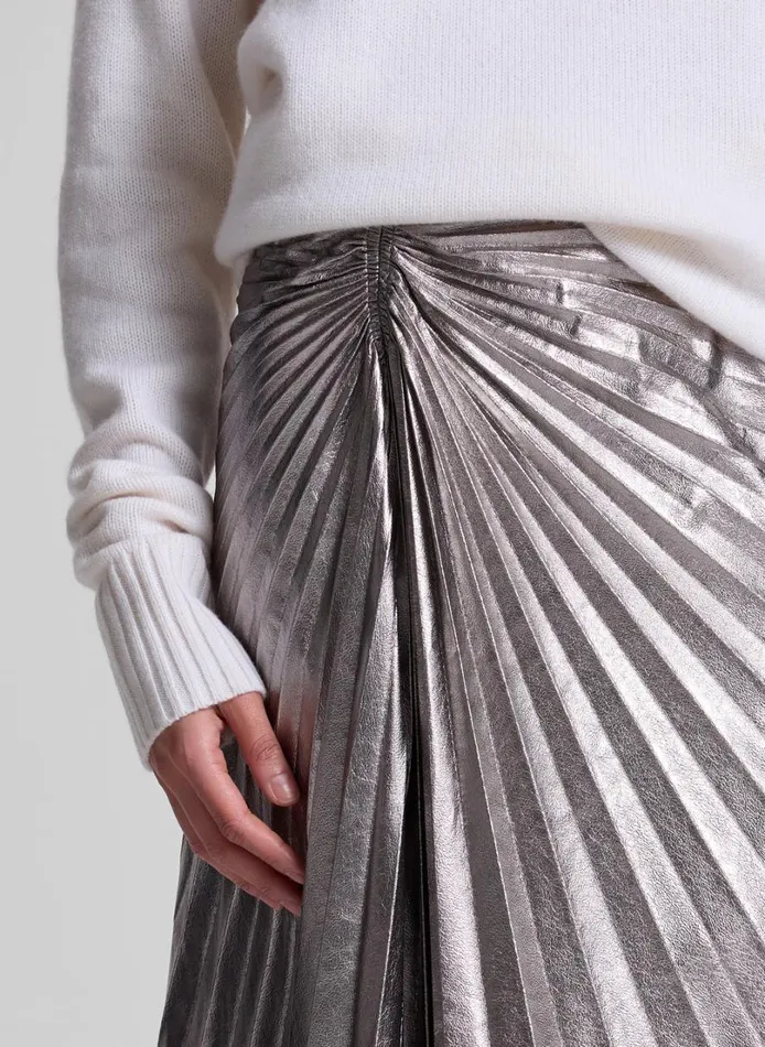 Women Bottoms ALC Tracy Metallic Vegan Leather Skirt Smoky Silver
