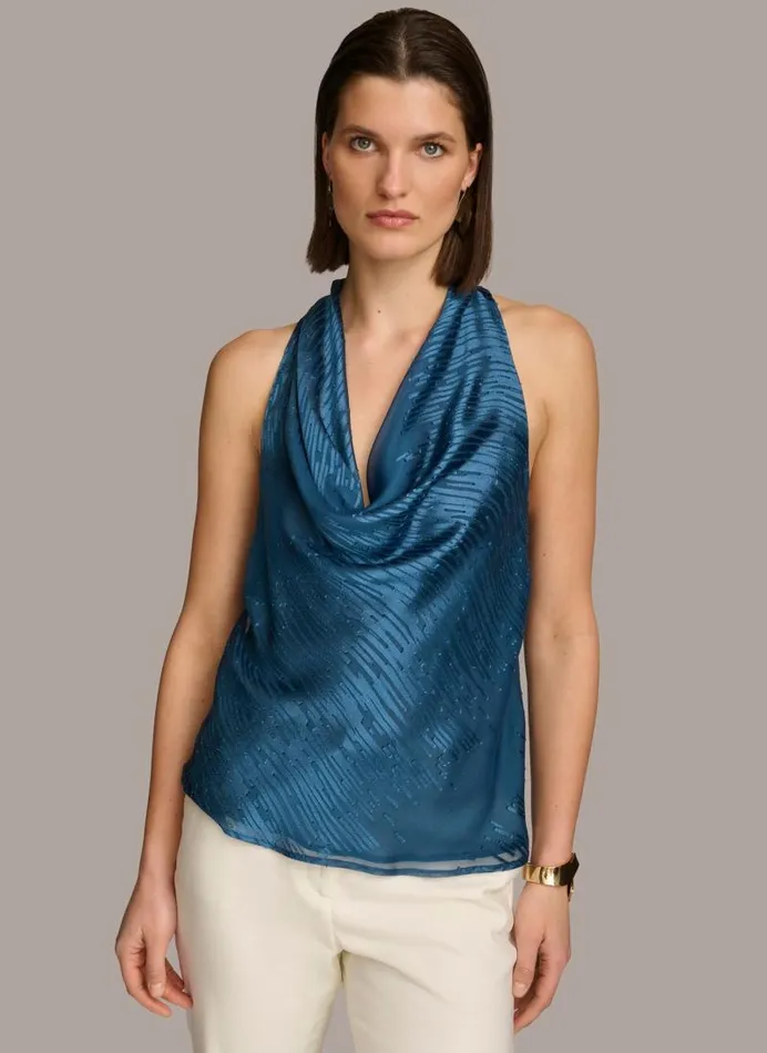 Women BURNOUT COWL NECK TOP Tide Navy Donna Karan New York Sweaters And Tops