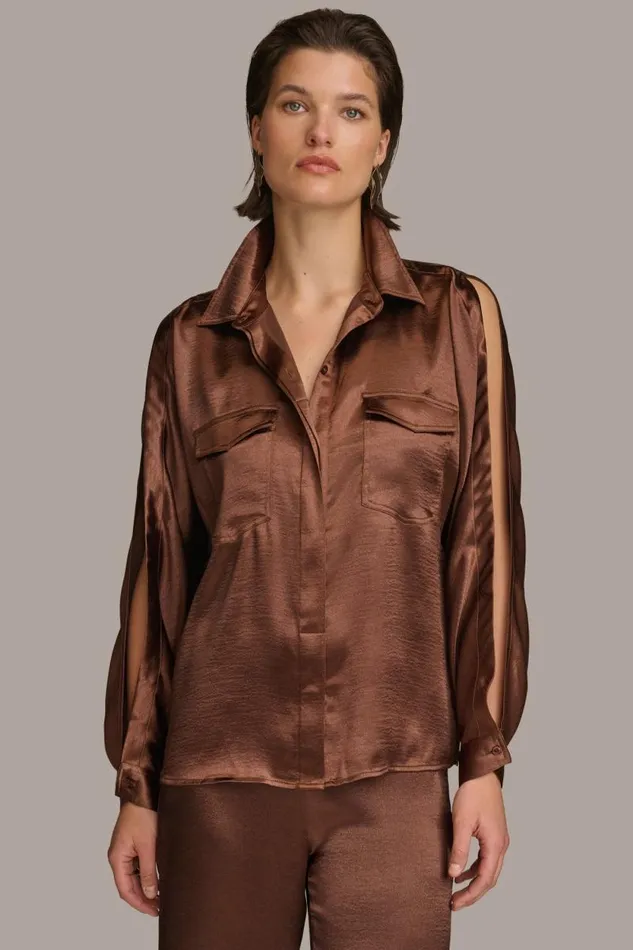 Women COLD SHOULDER COLLARED BUTTON DOWN Canyon Donna Karan New York Sweaters And Tops