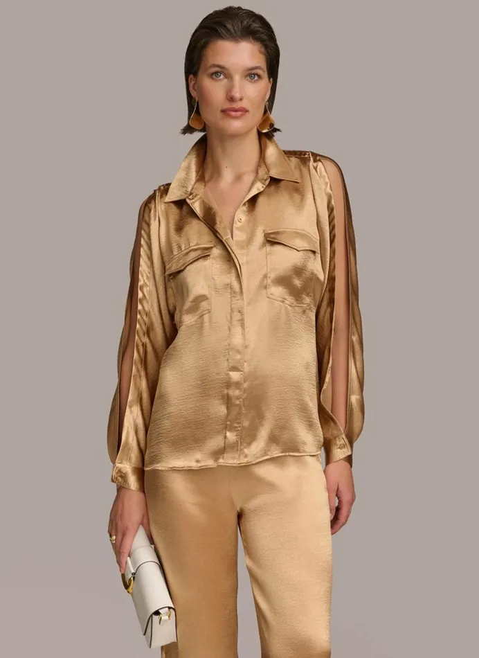 Women COLD SHOULDER COLLARED BUTTON DOWN Fawn Donna Karan New York Sweaters And Tops