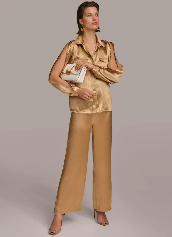 Women COLD SHOULDER COLLARED BUTTON DOWN Fawn Donna Karan New York Sweaters And Tops Women COLD SHOULDER COLLARED BUTTON DOWN Fawn Donna Karan New York Sweaters And Tops