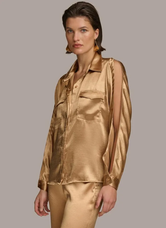 Women COLD SHOULDER COLLARED BUTTON DOWN Fawn Donna Karan New York Sweaters And Tops Women COLD SHOULDER COLLARED BUTTON DOWN Fawn Donna Karan New York Sweaters And Tops