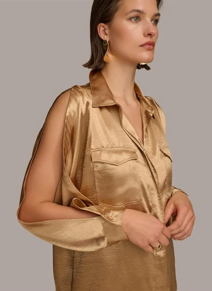 Women COLD SHOULDER COLLARED BUTTON DOWN Fawn Donna Karan New York Sweaters And Tops Women COLD SHOULDER COLLARED BUTTON DOWN Fawn Donna Karan New York Sweaters And Tops