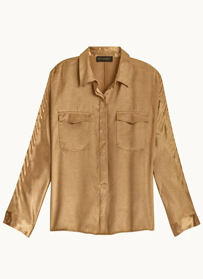 Women COLD SHOULDER COLLARED BUTTON DOWN Fawn Donna Karan New York Sweaters And Tops Women COLD SHOULDER COLLARED BUTTON DOWN Fawn Donna Karan New York Sweaters And Tops