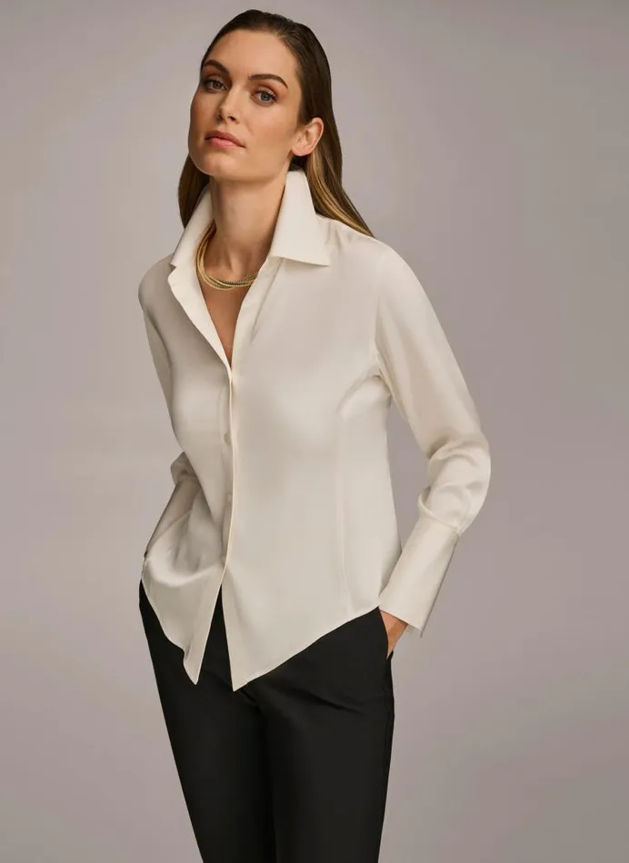 Women COLLARED BUTTON DOWN BLOUSE Cream Donna Karan New York Sweaters And Tops