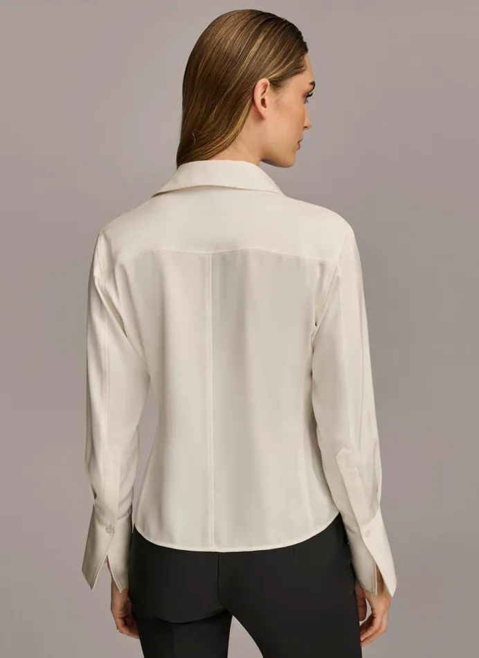 Women COLLARED BUTTON DOWN BLOUSE Cream Donna Karan New York Sweaters And Tops