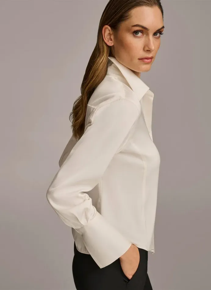 Women COLLARED BUTTON DOWN BLOUSE Cream Donna Karan New York Sweaters And Tops