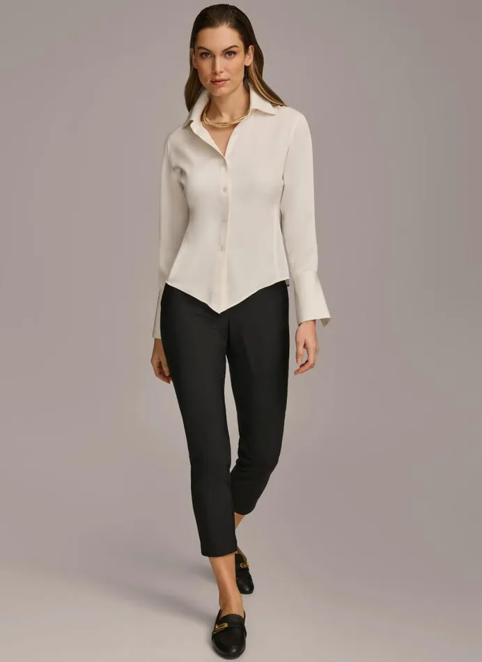 Women COLLARED BUTTON DOWN BLOUSE Cream Donna Karan New York Sweaters And Tops
